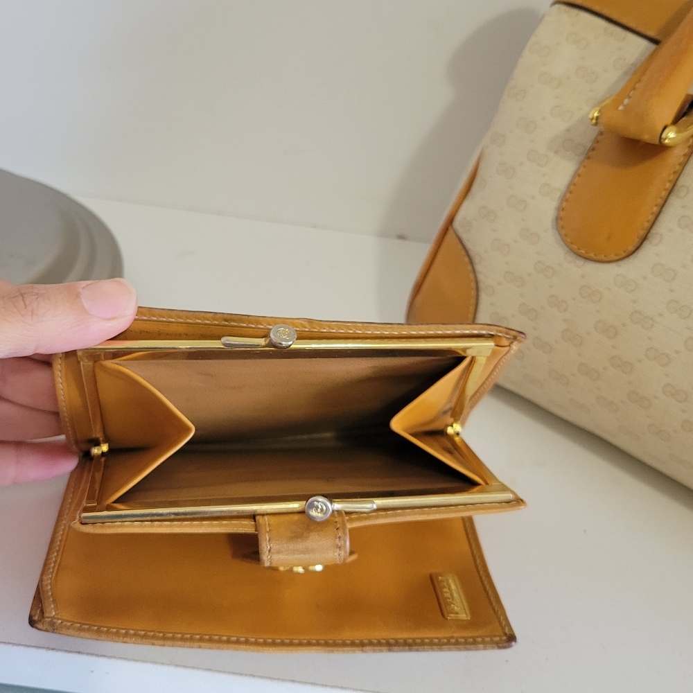 GUCCI Coated Canvas/Leather Matching BAG & Wallet SET🔥IVORY/Camel🤩VGUC/Vintage - Picture 6 of 16